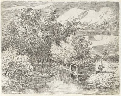Casa de botes en un río de Johannes Pieter van Wisselingh