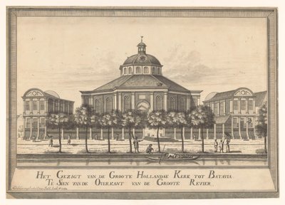 Vista de la Nueva Iglesia Holandesa de Batavia La vista desde Groote Hollandse Kerk hasta Batavia Te Sien desde el otro lado de Groote Revier (título sobre el objeto) de Johannes Rach