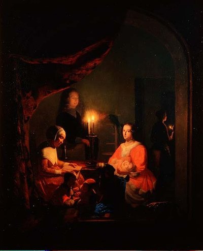 Una familia en un interior iluminado por velas de Johannes Rosiere
