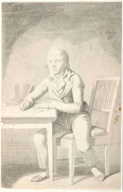 Niño escribiendo sentado en una mesa de Johannes Senn
