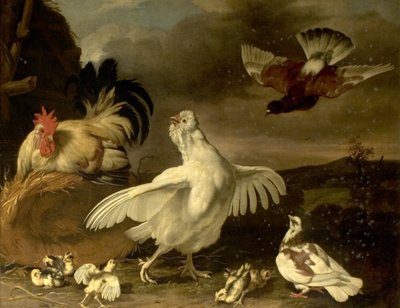 Gallo y gallina con pollitos y palomas de Johannes Spruyt