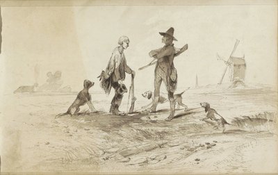 Cazadores con perros en un paisaje con un molino de viento de Johannes Tavenraat