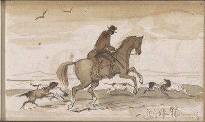 Paisaje con un jinete y perros corriendo de Johannes Tavenraat
