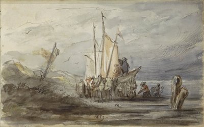 Caballo y carro en una orilla cerca de un velero de Johannes Tavenraat