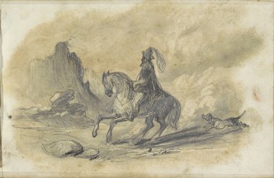 Jinete con un perro en un sendero rocoso de Johannes Tavenraat