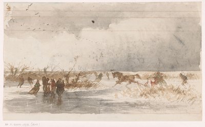 Patinadores y trineo en el hielo de Johannes Tavenraat