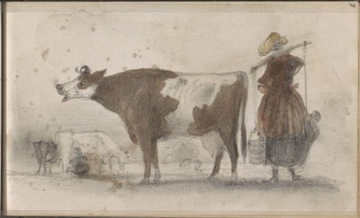 Pradera con vacas y una campesina con un yugo de Johannes Tavenraat