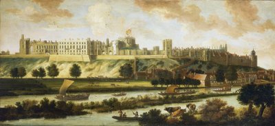 Vista del castillo de Windsor, y de todo el panorama que rodea el edificio, con descripción del parque y de las actividades en el río, una gran variedad de embarcaciones, desde barcos de pesca hasta barcos reales. de Johannes Vorsterman