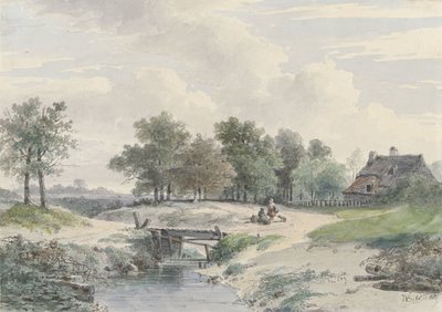 Paisaje con puente y figuras delante de una granja de Johannes Warnardus Bilders