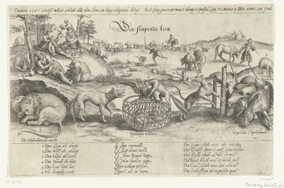 El león dormido, 1567 El león dormido (título sobre el objeto) Cuatro alegorías de los acontecimientos ocurridos entre 1576 y 1579 en los Países Bajos (título de la serie) de Johannes Wierix (attributed to)
