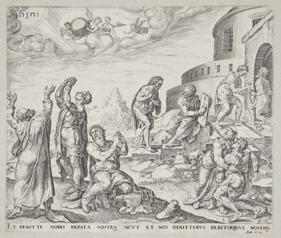Hombre pidiendo perdón y perdonando a sus deudores de Johannes Wierix