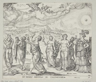 Hombre resistiendo la tentación del dinero, la lujuria y el honor de Johannes Wierix