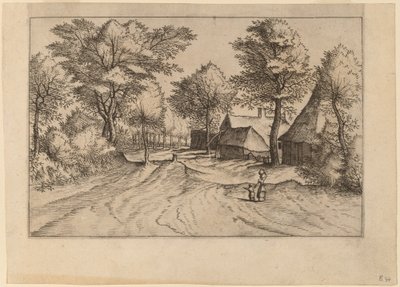 Camino del pueblo con granja y cobertizos de Johannes and Lucas van Doetechum after Master of the Small Landscapes