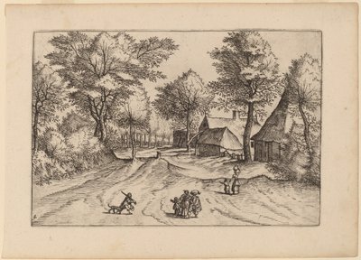 Camino del pueblo con granja y cobertizos de Johannes and Lucas van Doetechum after Master of the Small Landscapes
