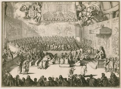 Una sesión en la Cámara de los Comunes con Jorge II en el trono de Johannes and Mortier, Cornelis Covens