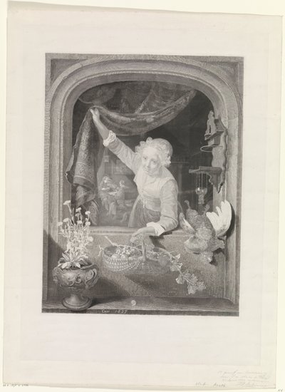 Mujer con canasta de frutas en la mano junto a la ventana de Johannes de Mare