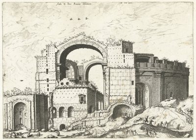 Gezicht op de Sint Pieter en Roma Deformación del Aedis D. Peter Romana (título sobre objeto) Ruinas romanas, 1561 (título de la serie) de Johannes of Lucas van Doetechum (attributed to)