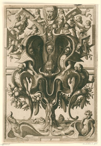 Ornamento en forma de concha en el que se encarcelan figuras. Veelderleij Wisselinghe van grotissen ende Compertimenten (...) Libro Primo (título de la serie) de Johannes of Lucas van Doetechum