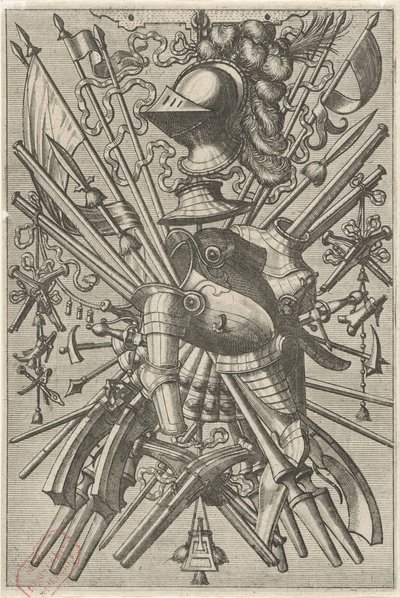 Decoración de superficie, consistente en un arma trofeo Decoraciones superficiales y frisos con trofeos (título de la serie) de Johannes of Lucas van Doetechum