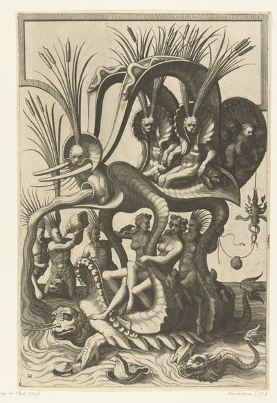 Tortuga de agua cargando un carro sobre su espalda Veelderleij Wisselinghe van grotissen ende Compertimenten (...) Libro Primo (título de la serie) de Johannes of Lucas van Doetechum
