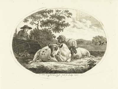 Vaca, oveja y carnero en pradera y granjero apoyado en la valla de Johannes van Cuylenburgh