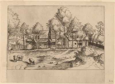 Aldea rural con iglesia de Johannes van Doetechum, the Elder and Lucas