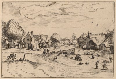 Aldea con Ovejas y Pastor Sentado de Johannes van Doetechum, the Elder and Lucas