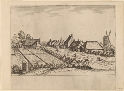 Campos y un camino de pueblo con molino de poste de Johannes van Doetechum, the Elder and Lucas