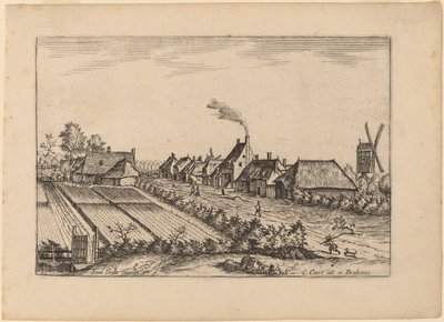 Campos y un camino de pueblo con molino de poste de Johannes van Doetechum, the Elder and Lucas