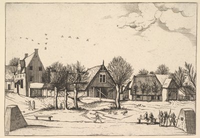 Pueblo rural, arqueros en primer plano de Multifariarum casularum ruriumque linea..., 1559-61 de Johannes van Doetecum I