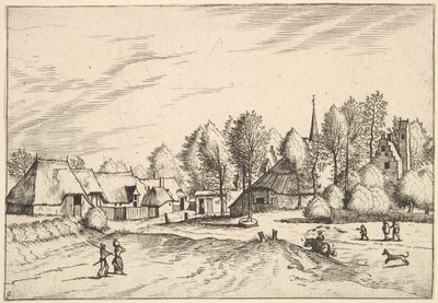 Pueblo rural con torre de iglesia de Multifariarum casularum ruriumque lineamenta cur..., 1559-61 de Johannes van Doetecum I