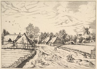 Aldea rural con molino de poste de Multifariarum casularum ruriumque lineamenta curios... de Johannes van Doetecum I