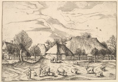 Granjas, ganado con pastores y lecheras en primer plano de Multifariarum casularu..., 1559-1561 de Johannes van Doetecum I