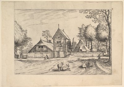 Granja, vacas y pastor en primer plano de Praediorum villarum et rusticar..., ca. 1559-61 de Johannes van Doetecum I