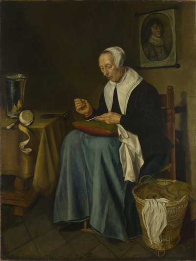 Una anciana sentada cosiendo, 1655 de Johannes van der Aeck