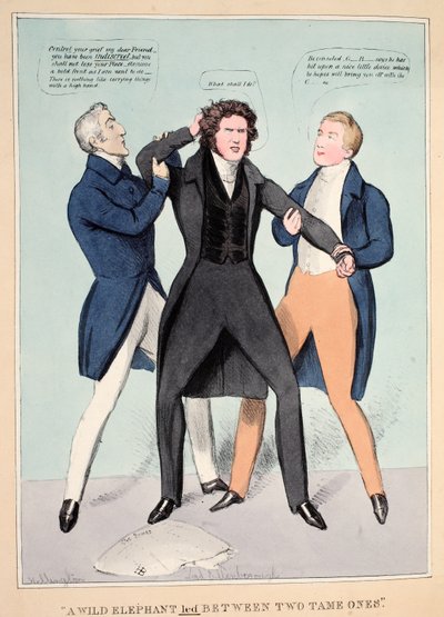 "Un elefante salvaje conducido entre dos mansos", pub. 1830 de John  Doyle