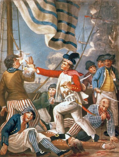 John Paul Jones disparando a un marinero que había intentado golpear sus colores en un combate, pub. de Carrington Bowles de John (after) Collet