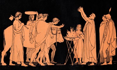 Néstor, rey de Pilos y antiguo guerrero de la guerra de Troya, sacrifica toros a Poseidón, escena de "La Odisea" de Homero (grabado) de John (after) Flaxman