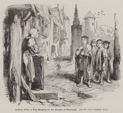 Martín Lutero cuando era niño cantando en las calles de Eisenach de John (after) Gilbert
