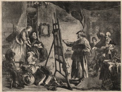 EL ESTUDIO DE REMBRANDT - grabado después de la pintura de J. Gilbert - l