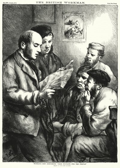 Hombres Trabajadores discutiendo "Domingos Libres para el Pueblo" (grabado) de John (after) Gilbert