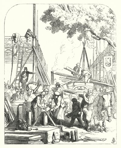 Trabajadores en el sitio del Crystal Palace, Hyde Park, Londres, sede de la Gran Exposición de 1851 de John (after) Gilbert