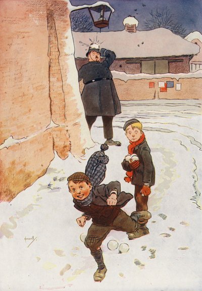 Policía golpeado por una bola de nieve (litografía en color) de John (after) Hassall