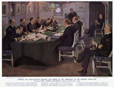 El almirante Sir David Beatty leyendo los términos del armisticio a los delegados alemanes, cabina de proa HMS Queen Elizabeth, Rosyth de John (after) Lavery