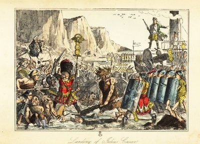 Un abanderado de la 10ª legión con piel de oso lidera la infantería romana en una playa en Sandwich, 54 a.C. de John (after) Leech