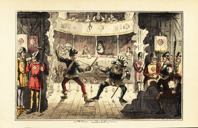 Actores interpretando a Enrique Tudor luchando contra el rey Ricardo III de Inglaterra en el escenario de un teatro de John (after) Leech
