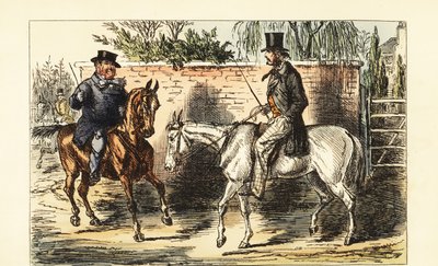 Caballero inglés en un viejo caballo rechazado por un hombre en un caballo bayo de John (after) Leech