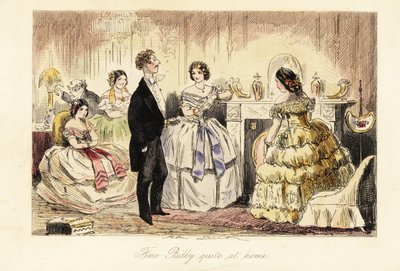 Caballero inglés visitando a una dama y sus hijas en un salón de John (after) Leech