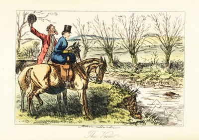 Cazador inglés y dama observando un zorro nadar a través de un río de John (after) Leech