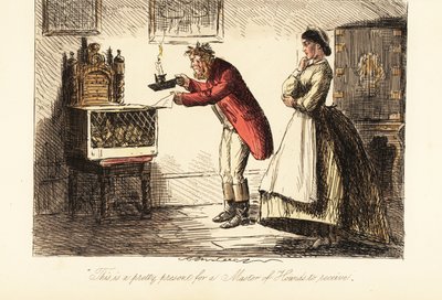 Cazador inglés en ropas de caza y botas examinando un zorro en una jaula a la luz de una vela de John (after) Leech
